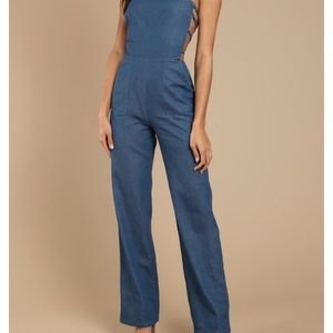 Strapless jean material jumpsuit